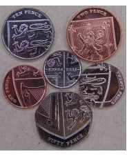 Великобритания. Набор монет 1, 5, 10, 20, 50 пенсов 2016-2021 UNC Щит. арт. 3851
