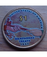 США 1 доллар 2011 года Сакагавея Индианка трубка  цветная эмаль