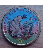 США 1  доллар 2009 года  Сакагавея Индианка кукуруза  цветная эмаль 
