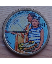 США 1 доллар 2014 года Сакагавея Индианка Помощь Индейцев   цветная эмаль