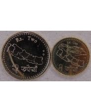 Непал Набор 2 монеты 1, 2 рупии 2021 (2022). Новый дизайн UNC арт. 2938